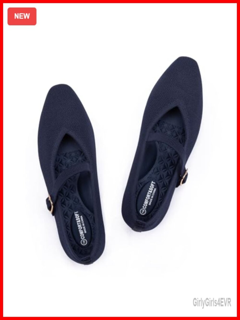 Square Toe Mary Jane Flats with Adjustable Strap - Washable Knit Ballet Flats
